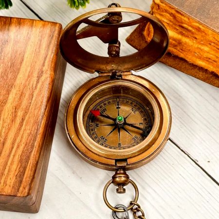 Brass Pocket Compass with Chain and Wooden Box